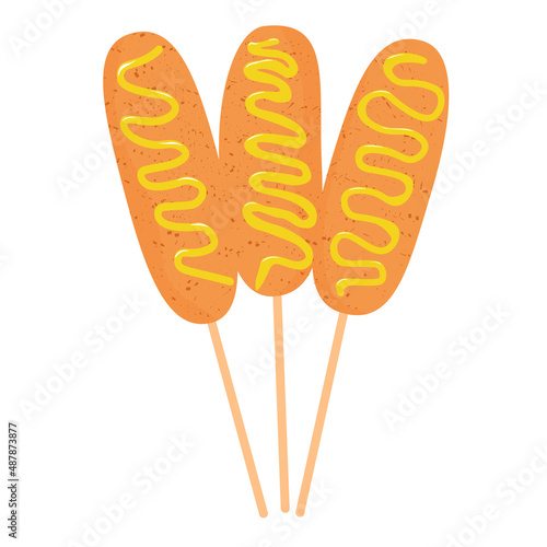 corn dog vector stock illustration. Sausage in the dough. Poured with ketchup and polishing. Isolated on a white background.