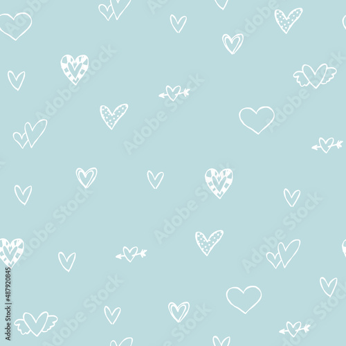 Cute blue pattern with white doodle line hearts. Textiles for children, fabric, book, bedroom, baby. Digital paper scrapbook, seamless background.
