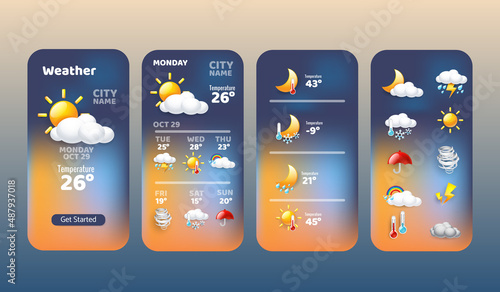 weather forecast widget collection icon mobile application program with Rain Cloud Sun Snowing Windy and Sunlight symbol vector illustration concept