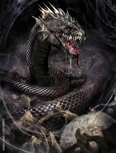 A creepy black mutant snake with six red eyes, a slobbery, disgusting mouth with a hundred sharp curved fangs, it crawls along a dark tunnel strewn with bones and splattered with slime. 2d art 