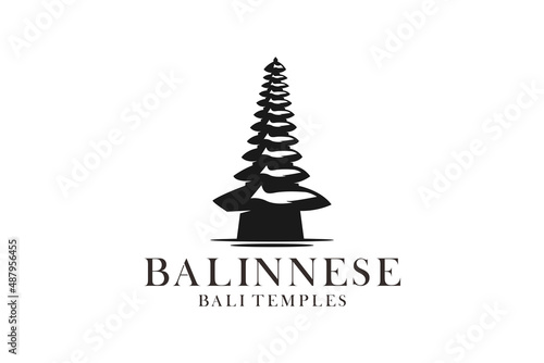 Exotic Temple of Bali Thailand Building Landmark Culture silhouette with Frangipani Flower Logo
