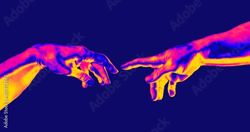 Reaching hands in pink and blue vaporwave and synthwave style concept illustration isolated on dark blue background.