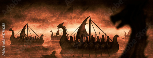 Fantasy landscape with northern warriors sailing on dragon boats on mysterious waters. Vikings on long wooden ships with shields and sails in a dark sea, in a fog among sharp rocks and mermaids.