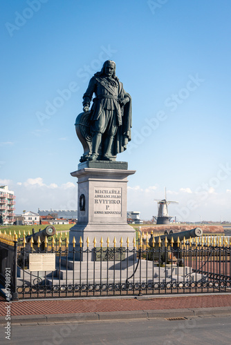 The statue of Michiel de Ruyter is located on Boulevard de Ruyter in his birthplace Vlissingen, in the Dutch province of Zeeland. The cast iron statue from 1841 is by the Flemish sculptor Louis Royer.