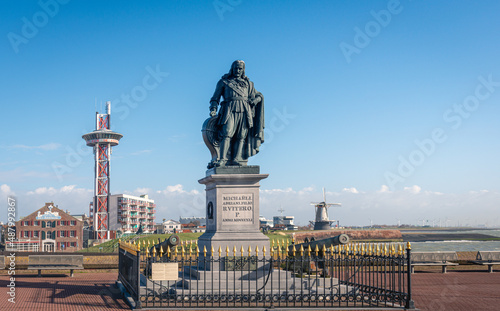 The statue of Michiel de Ruyter is located on Boulevard de Ruyter in his birthplace Vlissingen, in the Dutch province of Zeeland. The cast iron statue from 1841 is by the Flemish sculptor Louis Royer.