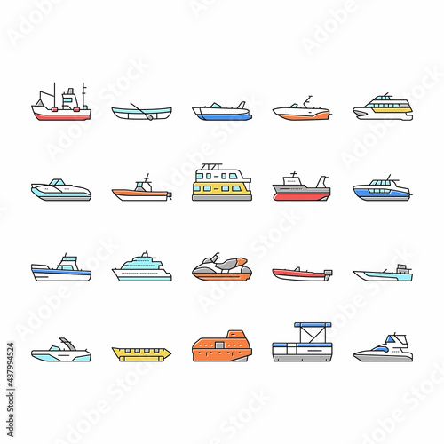Boat Water Transportation Types Icons Set Vector .