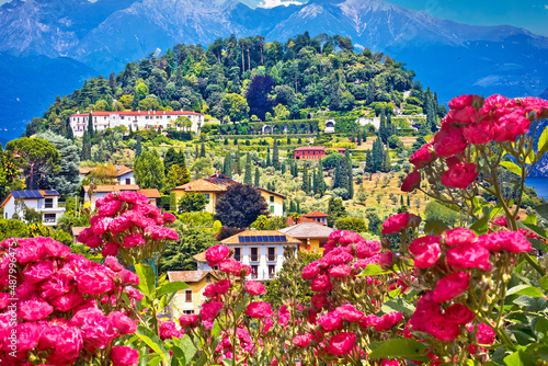 Town of Belaggio on Como Lake flower frame landscape view