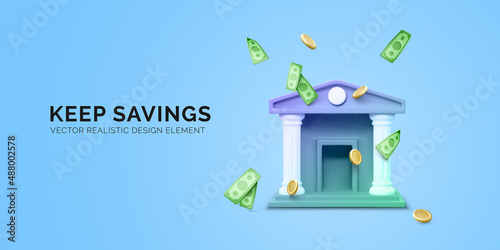 3d bank building and falling coins and paper currency. 3d realistic bank icon. Money transaction or savings concept