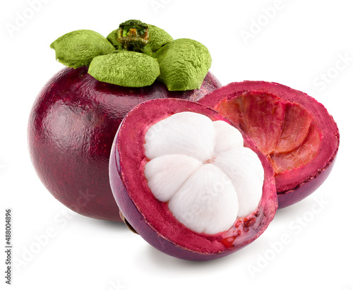 half of tropical mangosteen with green leaves isolated on white background. clipping path