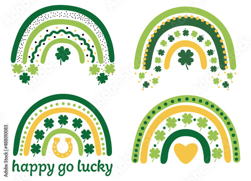 Green rainbows set, boho, scandinavian style, Saint patrick's Day with shamrocks green. Vector illustration.St Patrick's Day rainbow vector design. 