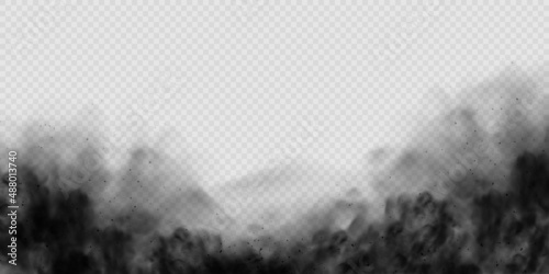 Black smoke clouds, dirty toxic fog or smog. Vector realistic illustration of dark smoky from fire or explosion. Black fume texture isolated on transparent background