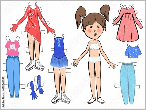 Paper doll clothes set, figure skating clothes, gymnastics, game for kids, color digital illustration