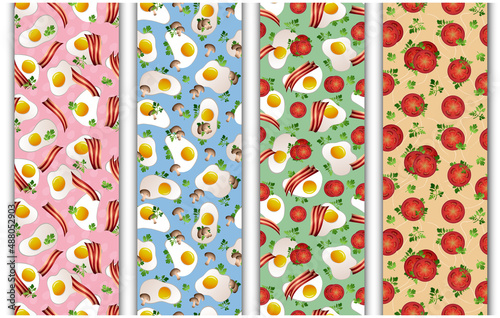 Collection of 4 seamless patterns with fried eggs, herbs (parsley) and fresh tomato slices. Pink, blue, green and yellow wallpapers, background or wrapping papers with yolk, vegetables, ham and leaves