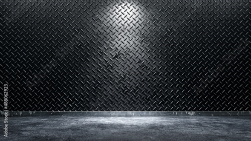 Diamond metal wall background with concrete floor. 3d renderer