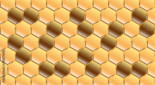 The original mosaic background is orange with brown elements, stylized honeycombs with golden lines texture.