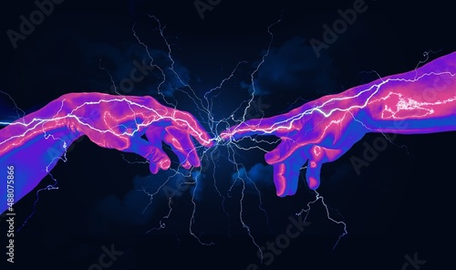 Pink and blue marbled reaching hand digital concept illustration charged electrically and sparking thunder fingers on dark blue cloudy sky.