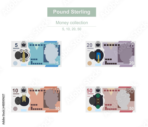 Pound Sterling Vector Illustration. United Kingdom, Guernsey, Isle of Man, Jersey money set bundle banknotes. Paper money 5, 10, 20, 50 GBP. Flat style. Isolated on white background.