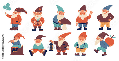 Cartoon dwarves. Cute fairy tale characters with beards and hoods. Fantasy short creatures. Midgets with mushroom and clover leaf. Garden fabulous elves. Vector magical gnomic men set