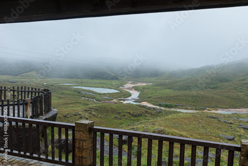 Monsoon Landscape of Sohra seen from hotel Sai Mika , Cherrapunji , Meghalaya, India