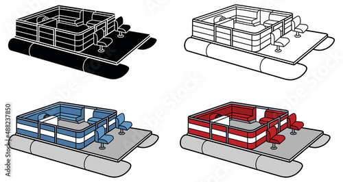 Pontoon Deck Boat Clipart Set - Outline, Silhouette and Color