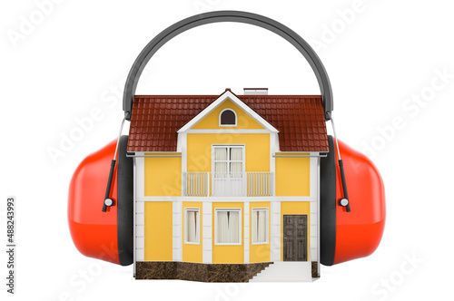 House with ear defenders. Protection against noise, concept. 3D rendering