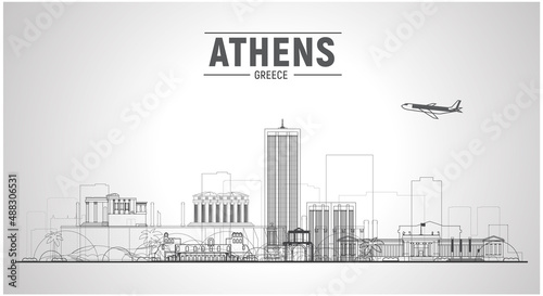 Athens( Greece ) city skyline with panorama on white background. Vector Illustration. Business travel and tourism concept with old buildings. Image for presentation, banner, website.