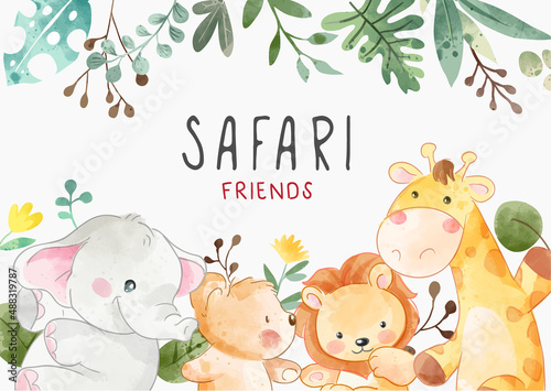 Cute safari animal friends with wild leafs illustration