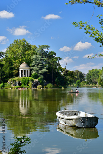 Paris, France. View of Lake Daumesnil with roman temple. August 13, 2021.