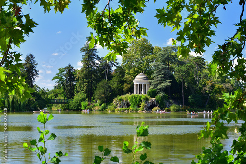 Paris, France. View of Lake Daumesnil with roman temple. August 13, 2021.