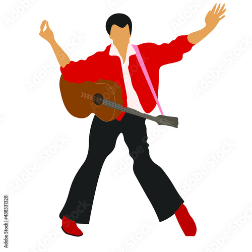 FLAT ILLUSTRATION. MUSICIAN, GUITARIST, SINGER, ARTIST LIKE ELVIS PRESLEY. DANCING WITH THE GUITAR