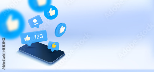 Social media notification bubbles with thumbs up symbols and mobile phone. 3d vector banner with copy space