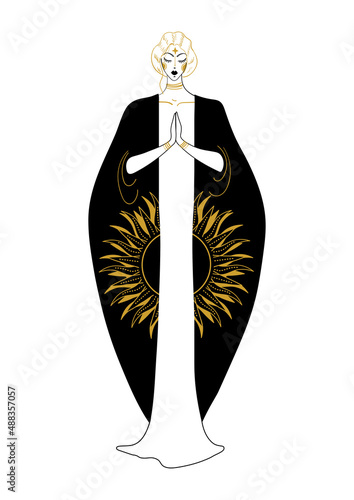 A priestess dressed with the sun. A meditating magical woman in a long black dress. Vector isolated illustration for witch, tarot, astrology, future prediction.