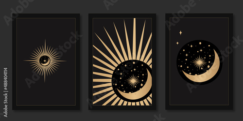 set of mystical templates for tarot cards, banners, leaflets, posters, brochures, stickers. Hand-drawn. Cards with esoteric symbols. Silhouette of planets, stars, Moon and sun. vector.