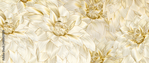 Luxury white background with golden dahlia flowers in art line style. Botanical design for design decoration, decor, packaging, invitations, prints