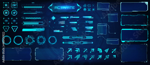 Sci-fi futuristic user interface HUD for games, UI, UX, KIT and Web design. Digital interface elements, frames, arrows, callouts titles, fui circle set, lines, arrows, loading bar. HUD mockups UI, GUI