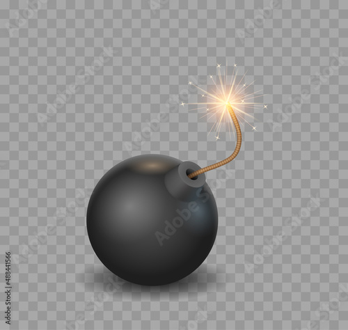 Black bomb realistic. Burning fuse glossy explosive dynamite isolated. Dangerous destruction sphere