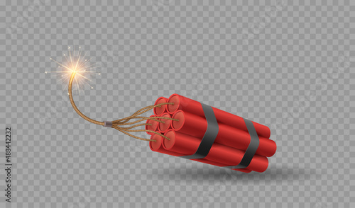 Realistic tnt dynamite sticks with burning fuse. Explosive military weapon firecrackers with wick