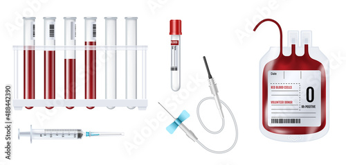 Blood donation, transfusion and testing equipment. Realistic blood bag tubes, syringe and droplet