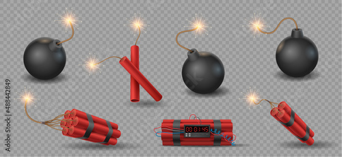 Realistic 3d bomb, tnt and dynamite sticks with burning fuse. Explosive weapon or firecrackers