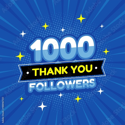 1000 followers colorful banner with blue ribbon. Poster with thanks to subscribers on social networks. 1000 followers thank you 3d rendering illustration. 1000 foolowers banner.