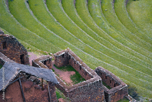 Incan ruins in Pisac (Cusco). Example of Incan architecture located in Sacred Valley- one of major tourist destinations in Peru.