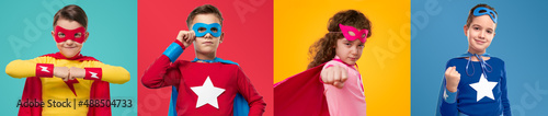 Brave superhero kids in colorful costumes