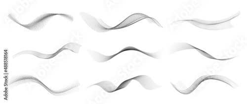 Abstract dotted halftone waves collection. Black and grey digital wavy dot, twisted wave line and halftone gradient pattern. Elements on white background for business, education and technology.