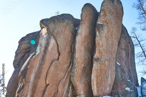 Krasnoyarsk reserve pillars rocks feathers winter.