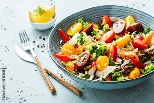 Fresh colorful spring vegetable salad in the blue bowl - healthy organic vegan lunch.