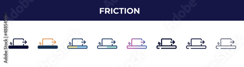friction icon in 8 styles. line, filled, glyph, thin outline, colorful, stroke and gradient styles, friction vector sign. symbol, logo illustration. different style icons set.
