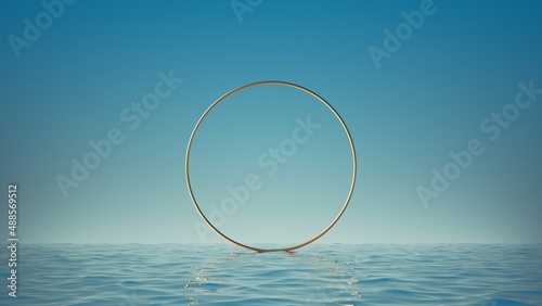 3d render, Surreal seascape with golden ring in the middle of the sea. Wallpaper with blue sky above the water. Modern minimal abstract background with blank round frame