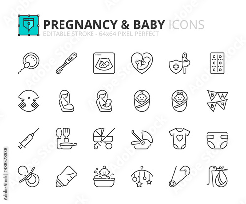 Simple set of outline icons about pregnancy and baby.