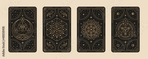 Tarot cards. Gypsy card, witches symbol for lovers mystical ritual. Divination and astrology magical frames set, line magic graphics. Tidy occult vector elements