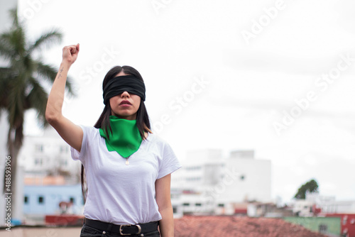 blindfolded girl at demonstration for legal abortion